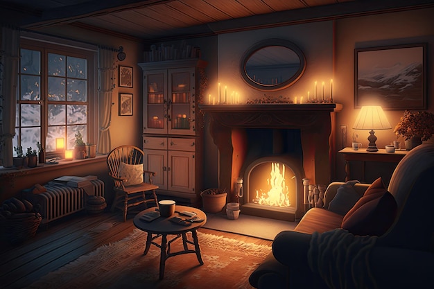 Een gezellige woonkamer met warme verlichting en een open haard op een winternacht