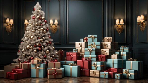Een gezellige woonkamer verlicht met talloze lichtjes, klaar om Kerstmis te vieren Kerstkamerinterieur Kerstboom versierd met lichtjes, kaarsen en slingerverlichting, binnenhaard, open haard