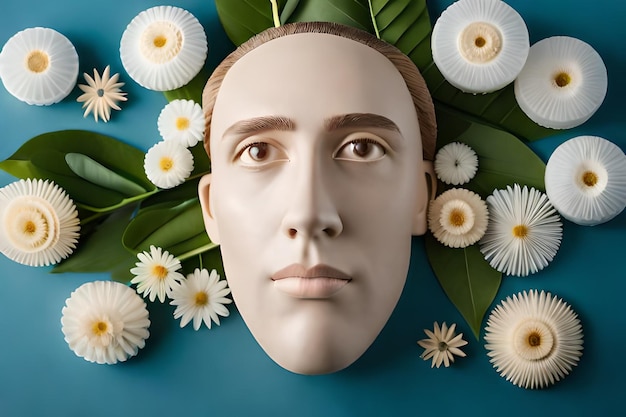 Foto een gezicht van een man met bloemen en bladeren rond zijn gezicht.