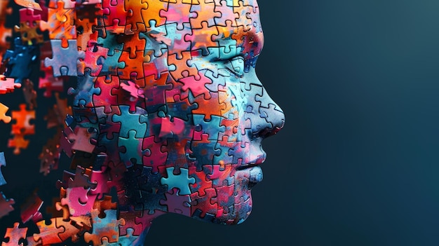 Een gezicht van een man samengesteld uit onderling verbonden puzzelstukken die een uniek en ingewikkeld mozaïek creëren