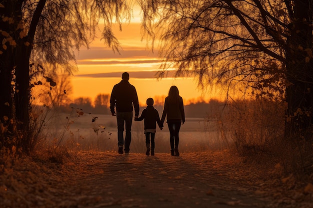een gezin dat bij zonsondergang over een pad loopt