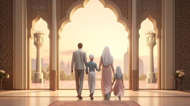 een gezin dat de moskee binnengaat