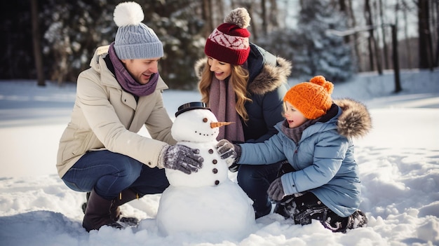 een gezin dat een sneeuwpop bouwt in het park