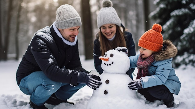 een gezin dat een sneeuwpop bouwt