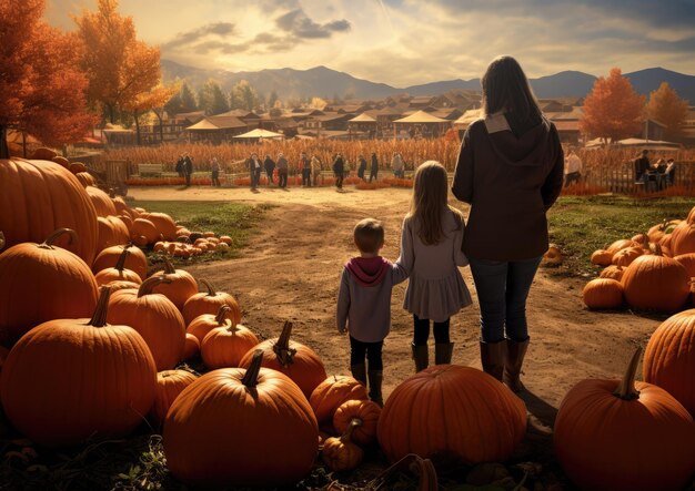 Een gezin dat geniet van een herfstfestival op een pompoenveld