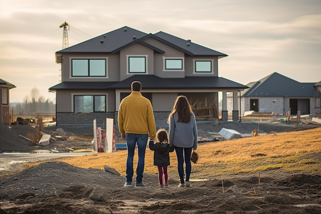 Een gezin dat hand in hand staat met hun ogen vol verwachting terwijl ze hun nieuwe huis bewonderen