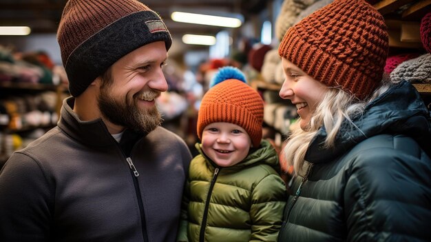 Een gezin dat winterkleding aan het shoppen is