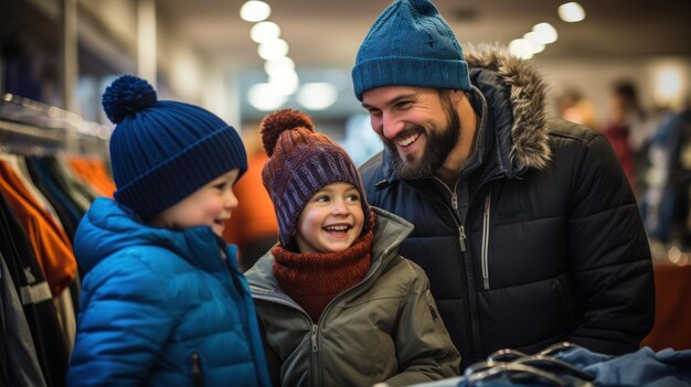 Een gezin dat winterkleding aan het shoppen is