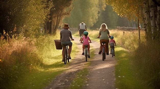 Een gezin fietst op een pad met bomen op de achtergrond.