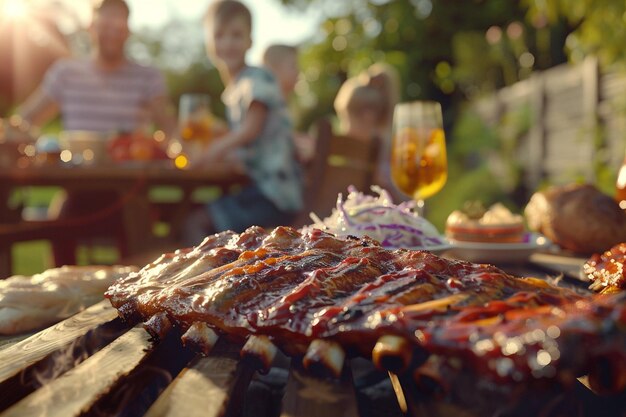 Foto een gezin geniet van een barbecue diner in de achtertuin