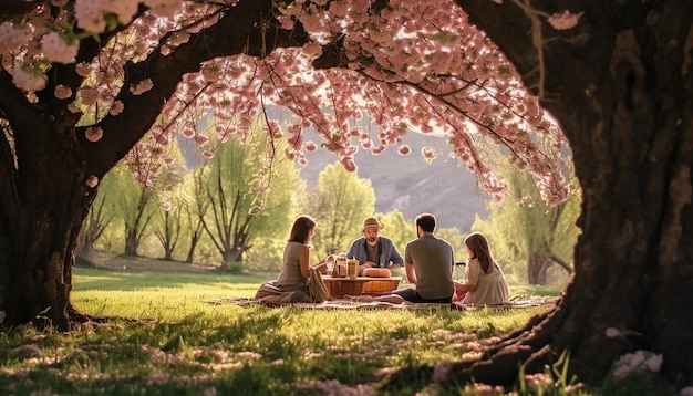 een gezin geniet van een picknick onder bloeiende bomen