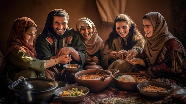 een gezin kookt eten in een tent met een vrouw die een lepel vasthoudt.