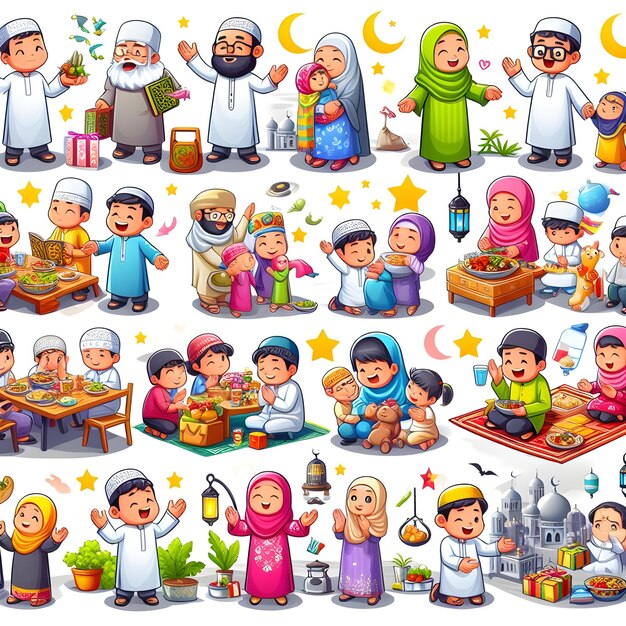 Een gezin leest de Koran in Ramadan cartoon drie D