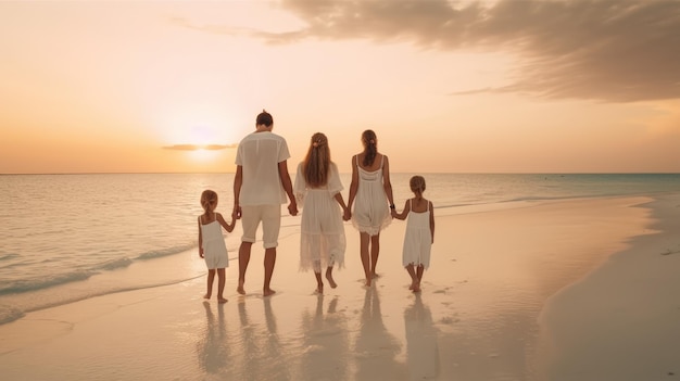 Een gezin loopt bij zonsondergang op een strand