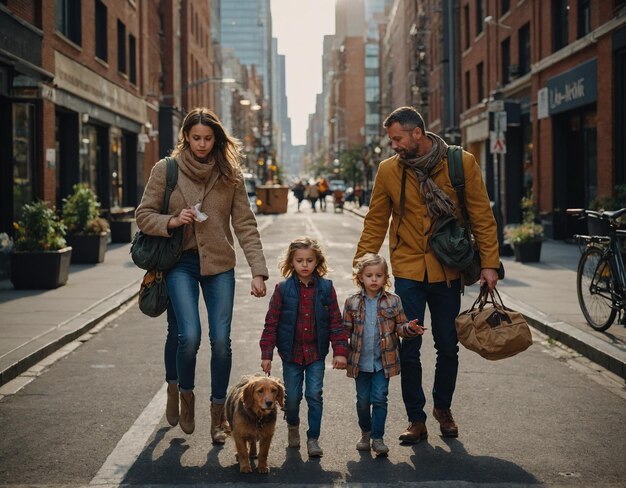 een gezin loopt een straat af met hun hond