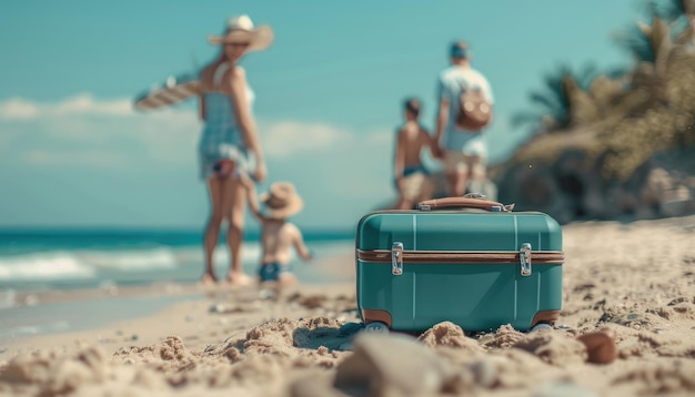 Een gezin loopt op het strand met een koffer op de achtergrond door een door AI gegenereerde afbeelding