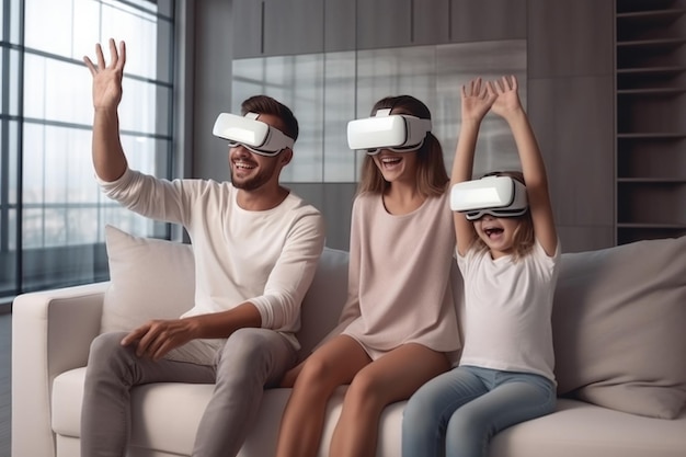 Een gezin met een kind gebruikt een virtual reality bril terwijl ze op de bank in het appartement zitten Headset VR Generative AI