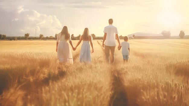 Een gezin met twee kinderen loopt hand in hand door een veld in de zomer Ai Generative