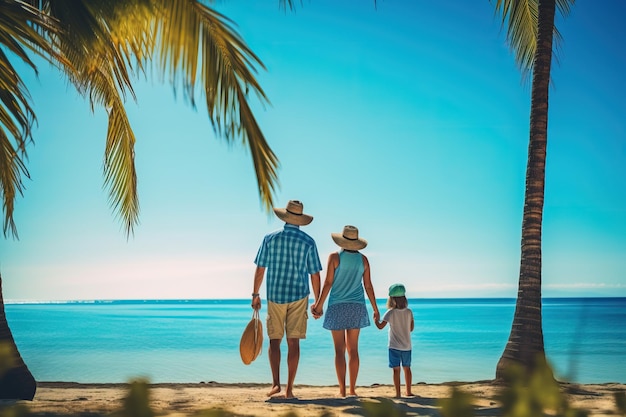 Een gezin op een strand met palmbomen op de achtergrond