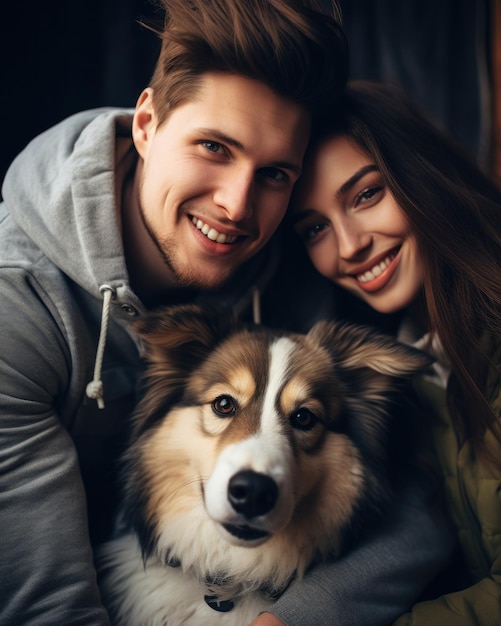 Een gezin poseert vrolijk in huis met hun hond