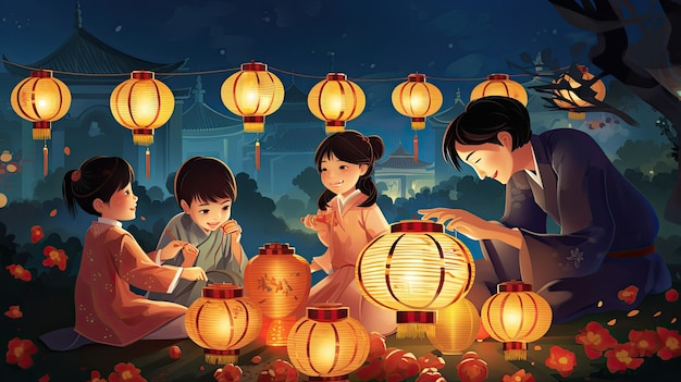 een gezin speelt met lantaarns op de achtergrond.