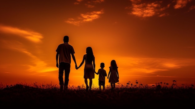 Een gezin staat bij zonsondergang in een veld