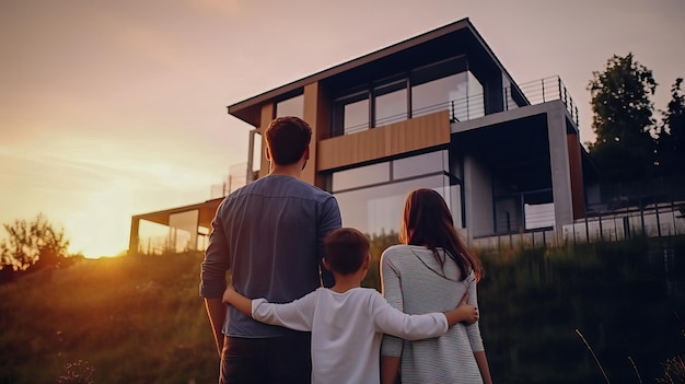 Een gezin staat voor een huis met de ondergaande zon achter hen