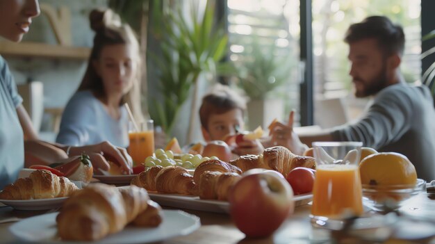 Foto een gezin van drie personen ontbijt in de keuken, de tafel zit vol croissants, fruit en sinaasappelsap, de jongen houdt een appel vast.