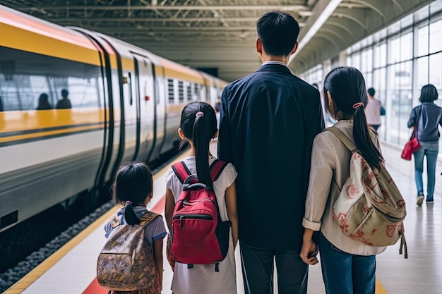 Een gezin wachtte op ontspanning en zorgeloos op het station voordat ze de trein namen Reisfotografie levensstijl