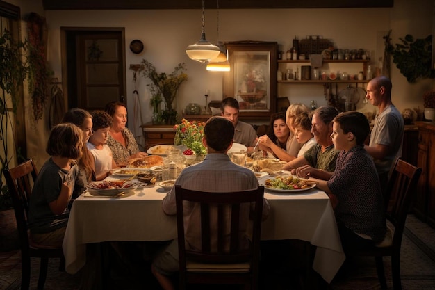 Een gezin zit aan een eettafel met een tafel vol eten en een kroonluchter die boven haar hoofd hangt.