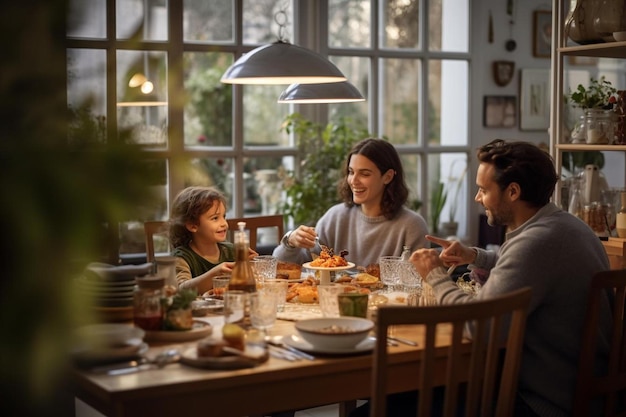 Een gezin zit aan een tafel, een van hen eet een maaltijd.