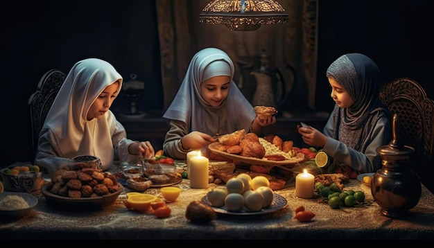 Een gezin zit aan een tafel met eten en een kaars op de achtergrond