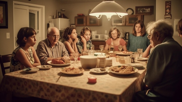 Een gezin zit aan een tafel met eten erop.