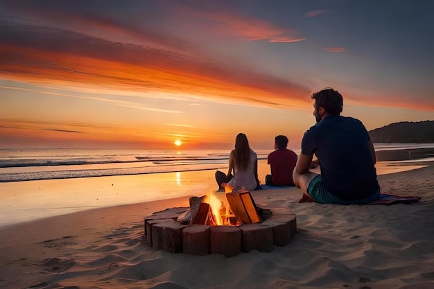 Een gezin zit bij zonsondergang rond een kampvuur op het strand.