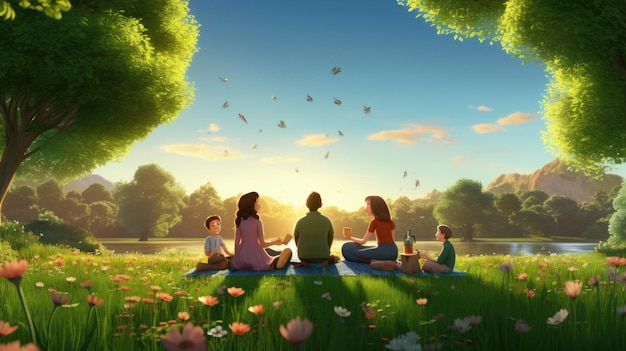 een gezin zit in een park en kijkt naar de lucht.