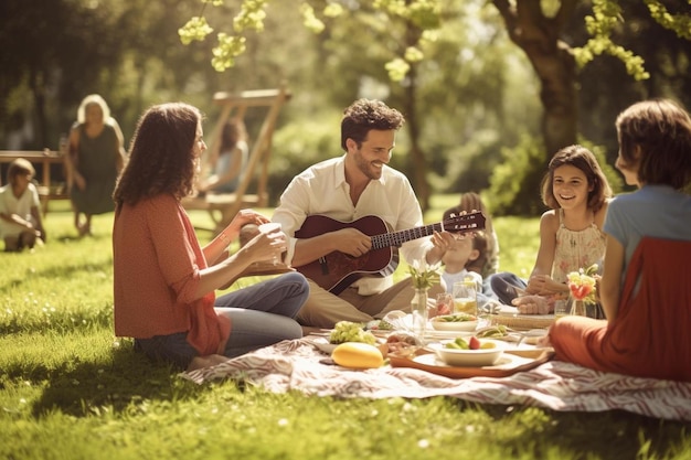 Een gezin zit in het gras gitaar te spelen en te zingen.