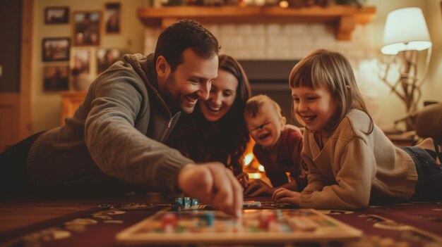 Een gezin zit op de vloer voor een open haard en speelt een bordspel AIG41