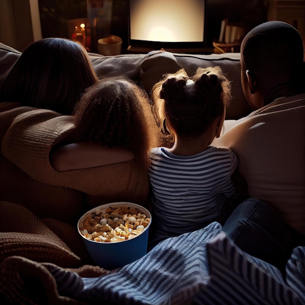 Een gezin zit op een bank popcorn te eten