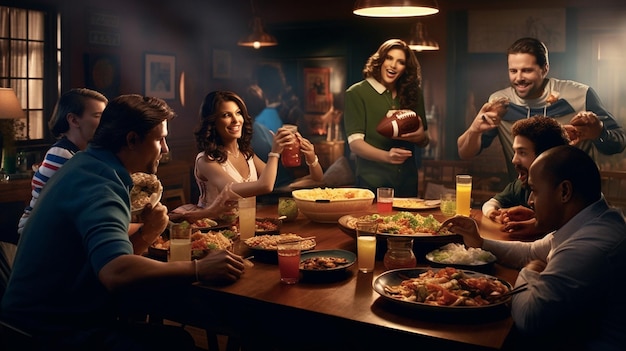 een gezin zit rond een tafel met eten en drinken.