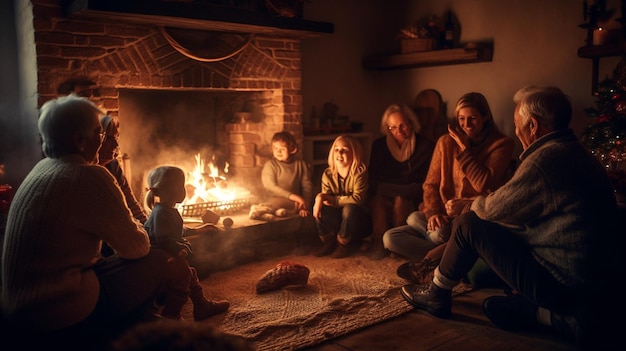 Een gezin zit rond een vuur in een woonkamer, met een kind ervoor.