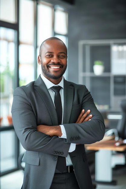 Een gezonde bedrijfsleider in formele kleding met een zelfverzekerde glimlach in een modern kantoor die succesvol divers bedrijfsleiderschap en partnerschap vertegenwoordigt