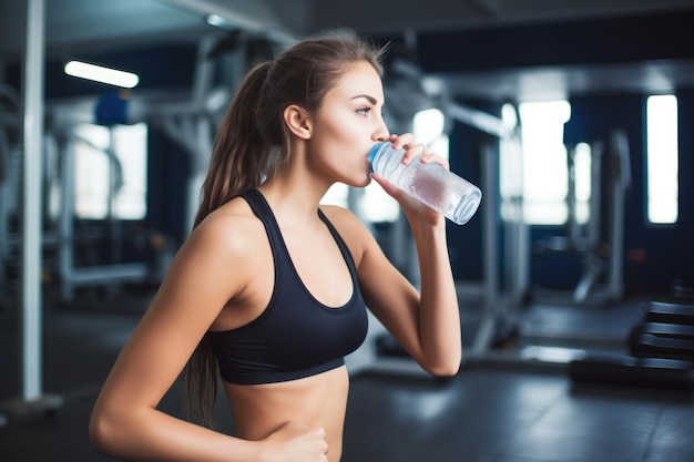 Een gezonde jonge vrouw die water drinkt tijdens een training gemaakt met generatieve AI