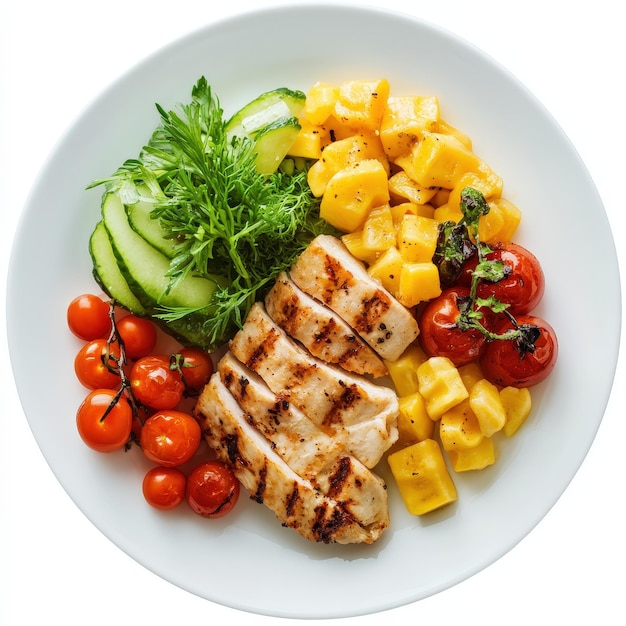 Een gezonde maaltijd met gegrilde kip, verse groenten en mango