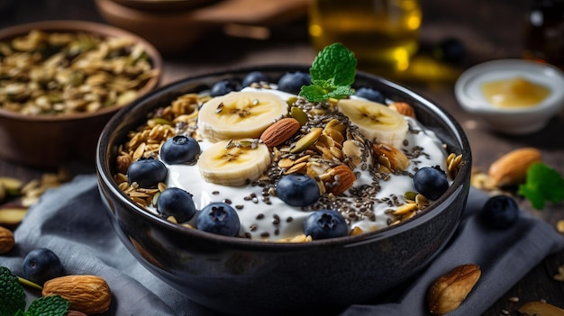 Een gezonde ontbijtkom met yoghurt granola noten en bosbessen Generative AI
