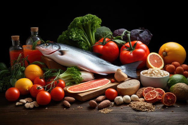Een gezonde voedingsachtergrond met verse biologische groenten en fruit Een uitgebalanceerd dieet Een gezonde voedingsachtergrond met frisse groenten, vis, fruit en noten