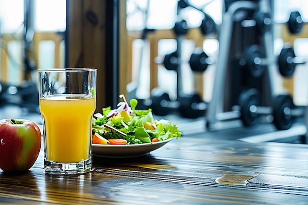 Een gezondheids- en wellnessopstelling met appelsap een salade en fitnessapparatuur