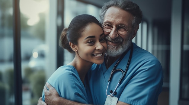 Foto een gezondheidszorgprofessioneel omarmt een oudere patiënt met zorg en mededogen