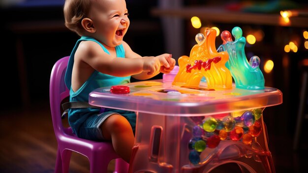 Een giechelende baby in een kinderstoel die een kleurrijk UHD-behang verkent