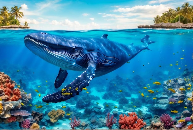 Foto een gigantische blauwe walvis zwemt in een diep prachtig blauw oceaan rif op een eiland met vissen zeewier en koralen turquoise water kleur 169 4k achtergrond behang