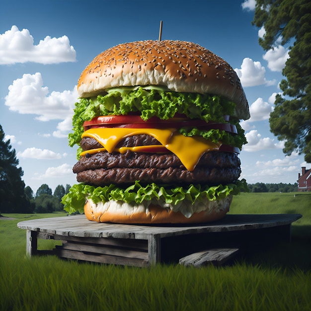 Een gigantische hamburger staat op een tafel in een veld.